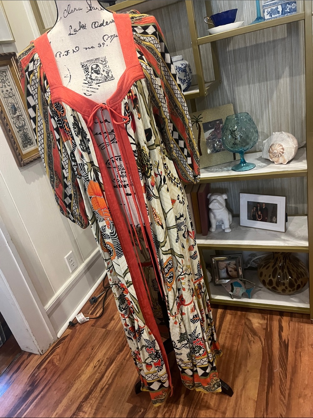 Bohemian Floral Maxi duster  with orange trim one size